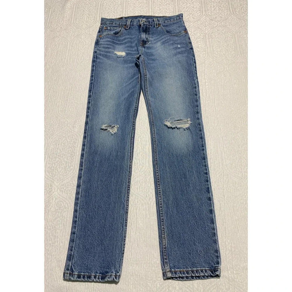 Levis 511 Distressed Jeans Mens 30×32 Blue Slim Skater Whiskers Ripped Knee